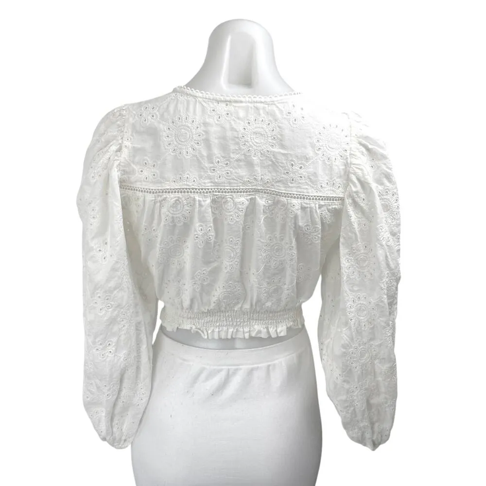 Kivary White Floral Lace Eyelet Embroidered Puff Sleeve V - Image 2