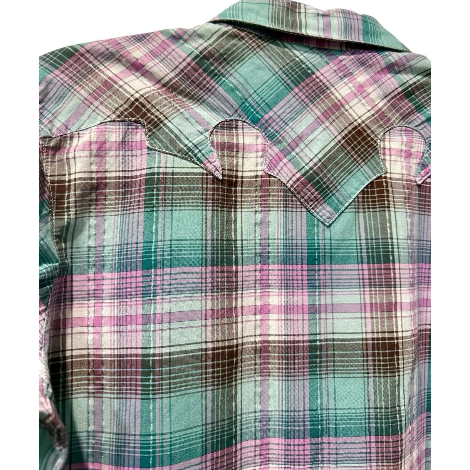 Wrangler Pearl Button Purple / Teal Metallic Thread Plaid Western Rodeo Shirt L - Image 3