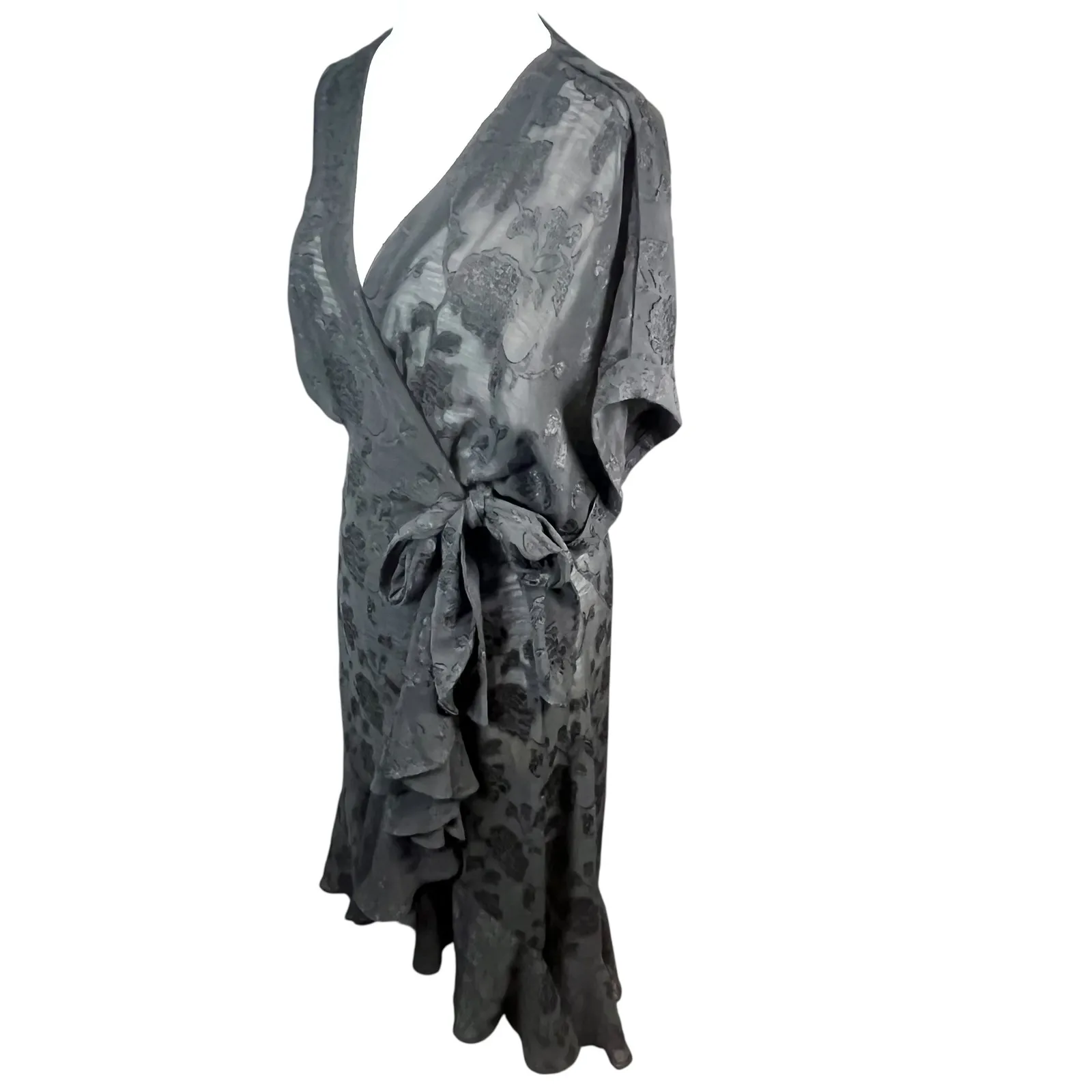 Lovestitch Women's Black Floral Jacquard Wrap Midi Dress Ruffle Hem Medium - Image 2