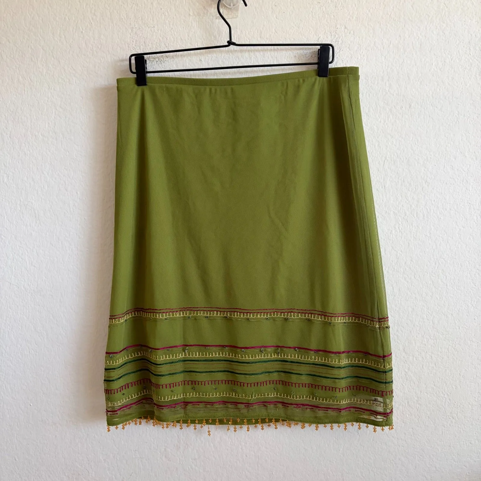 EXPRESS Vintage 90s Green Beaded Embroidery Lace Boho Midi Skirt Womens Large - Image 2