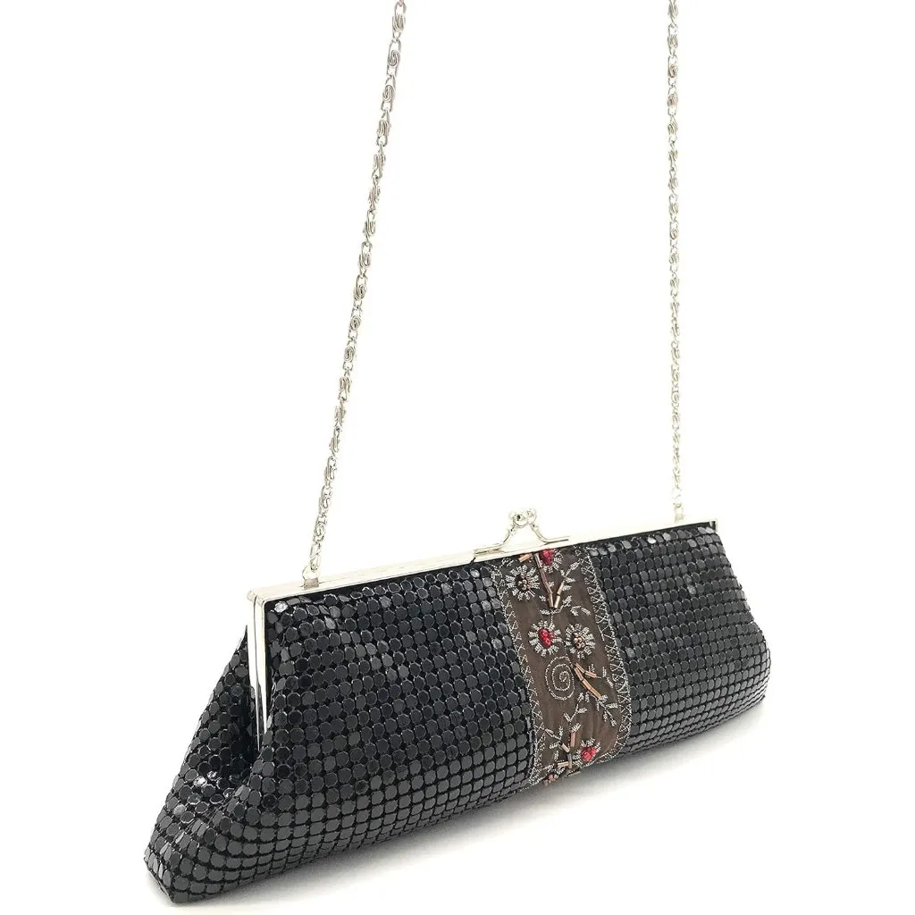 ⚡ Women's Black Embroidered Floral Pattern Metal Kiss Lock Evening Clutch Bag - Image 5