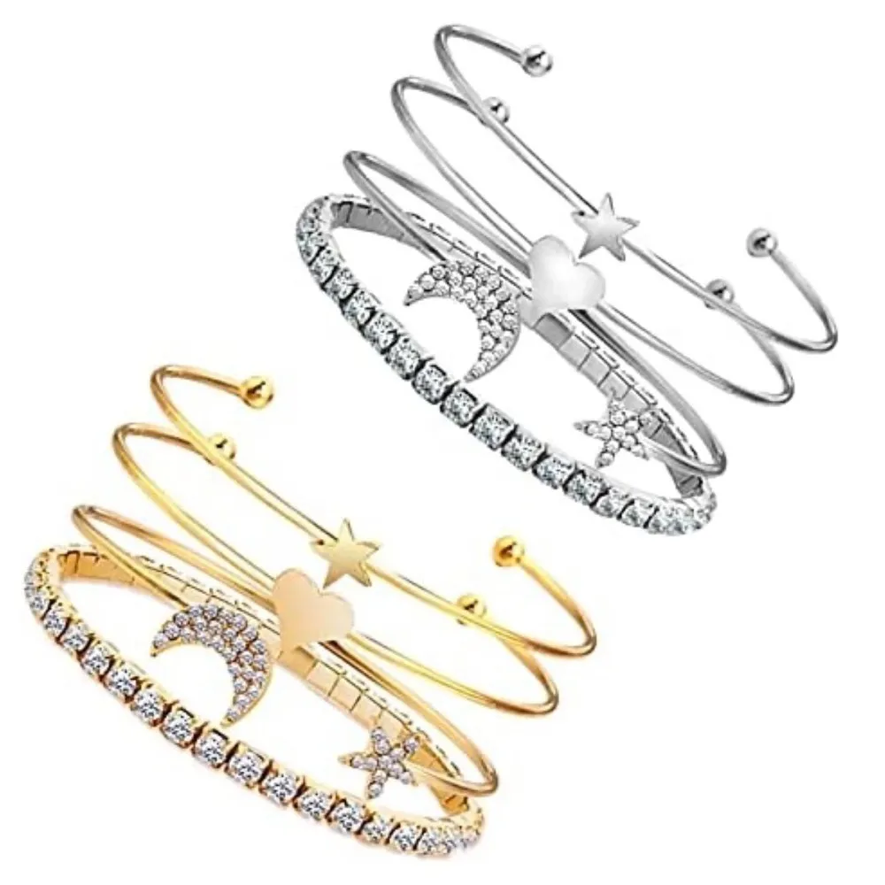NWT Silver Bangle Bracelet‎ Set Crystal Star Moon Heart Charm Stackable Jewelry - Image 12