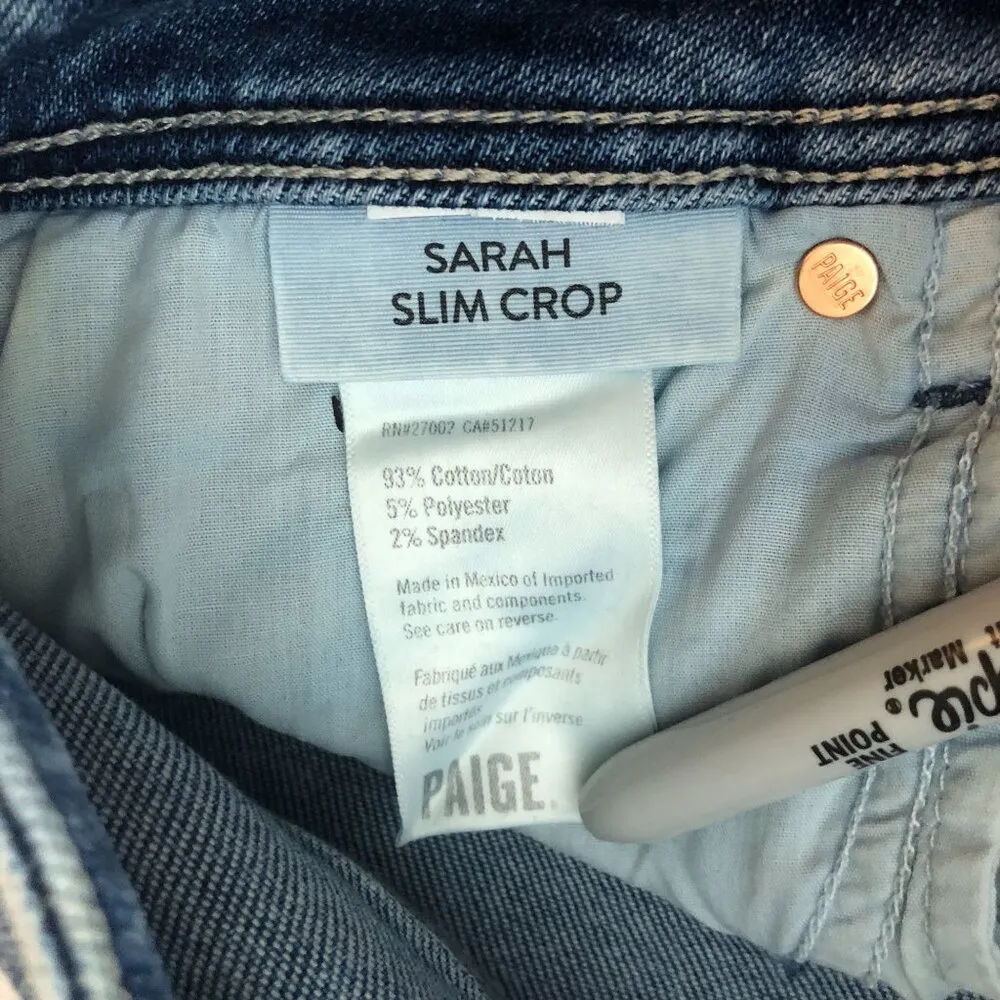 Paige Sarah Slim Crop High Rise Jeans Skysong Wash Destroyed Hem Denim 27 - Image 5