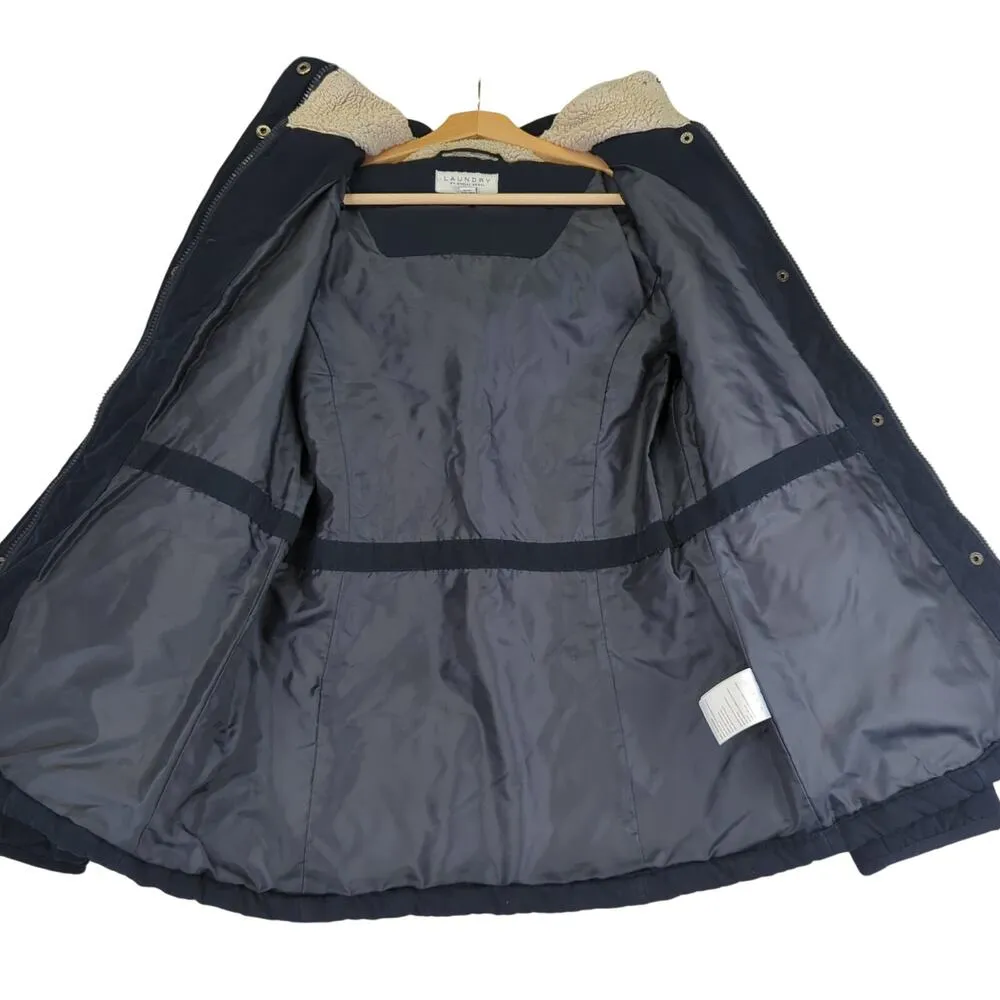 Laundry Shellie Segal Navy Blue Quilted Jacket Women Medium Faux Fur Hood Casual - Image 7