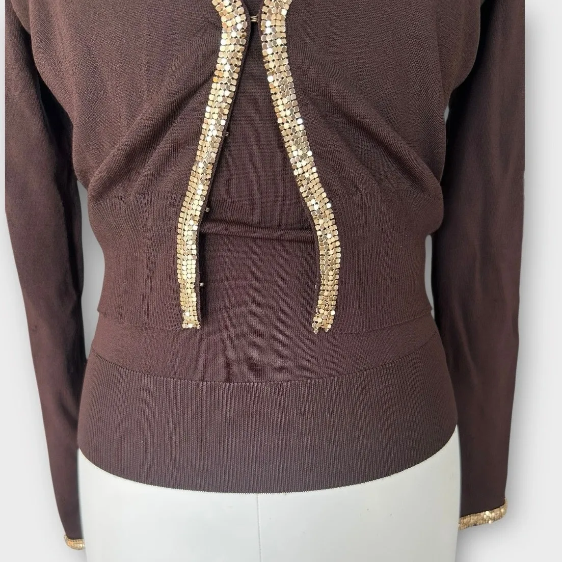Vintage Y2K bebe Halter Top & Cardigan Set with Gold Chain Trim Brown Sz S/M - Image 3