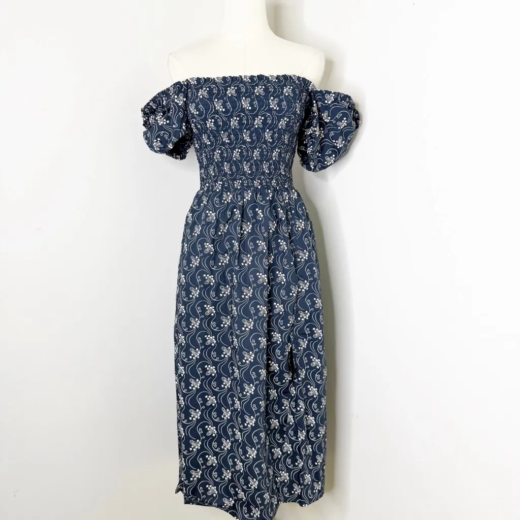 J.Crew Smocked Puff-Sleeve Midi Dress Navy Floral XXS - Image 3