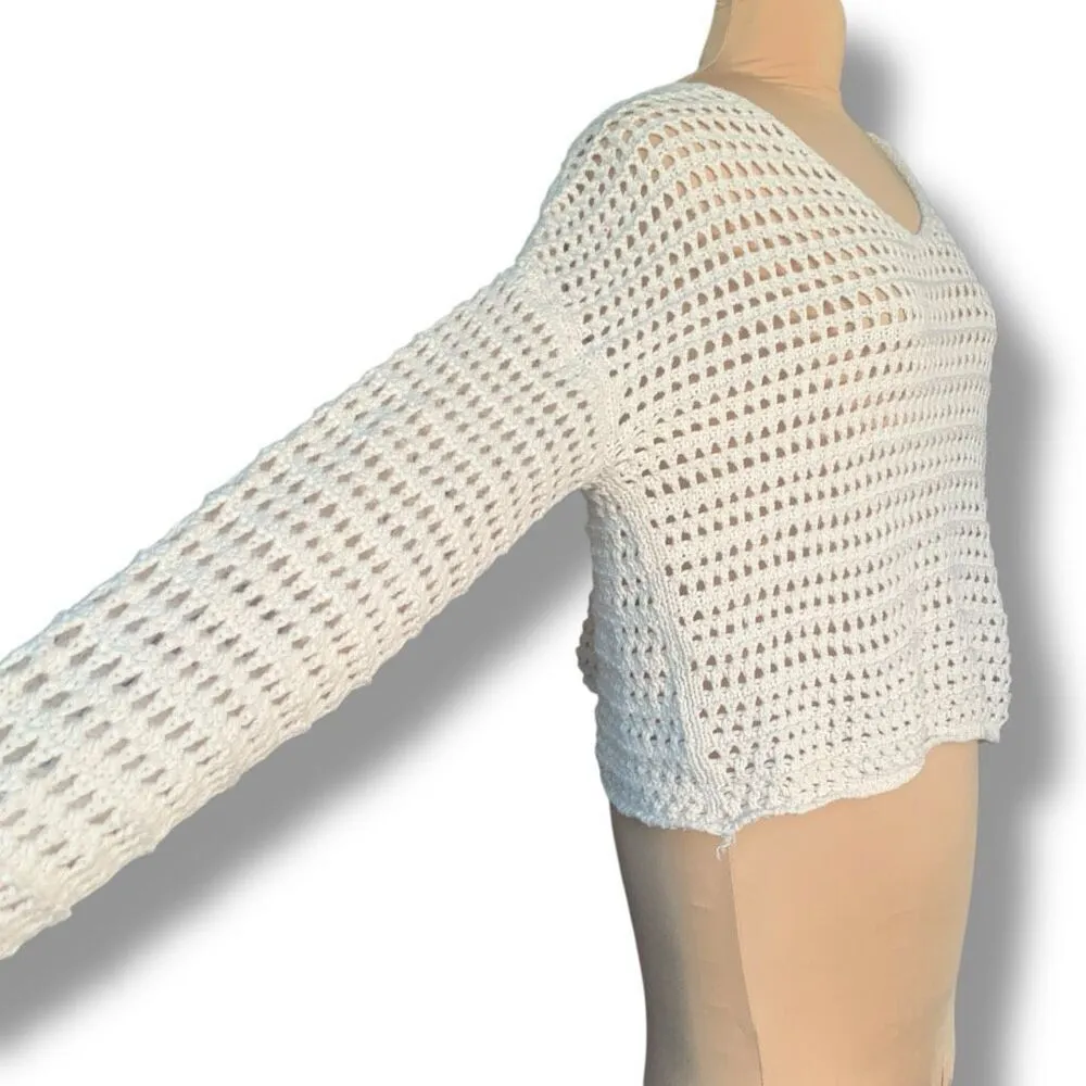 Oatmeal Cream Crochet Cropped Knit Open-Weave Vneck Oversized Pullover Sweater - Image 5