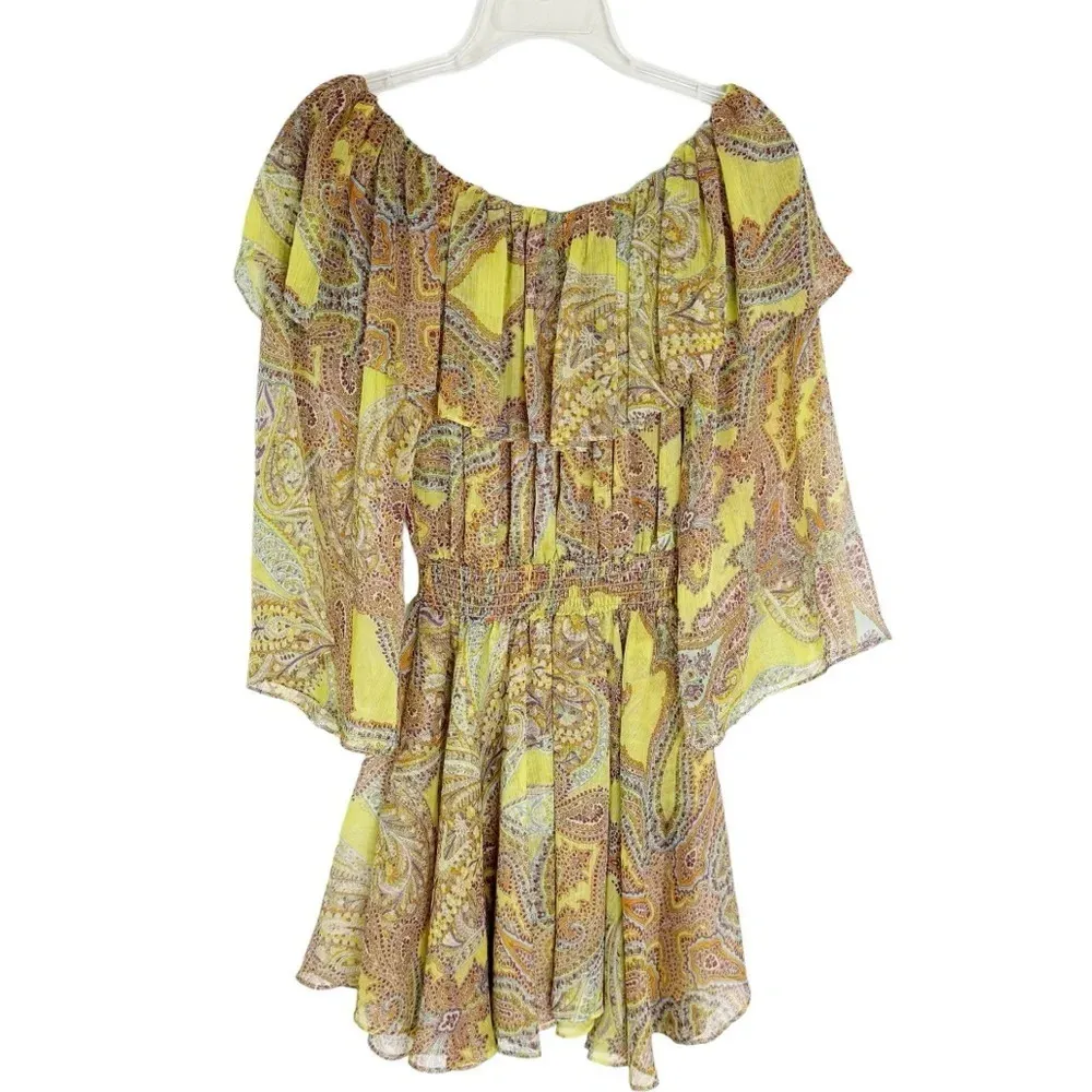 Misa Pamela Off Shoulder Mini Dress in Ischia Neon Yellow Paisley Size S NWT - Image 8