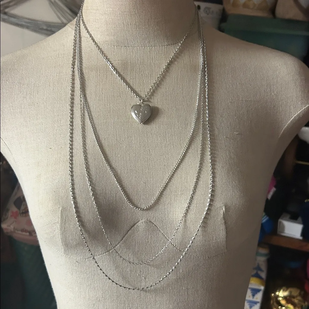 Silver Heart Locket Pendant Layered Necklace - Image 3