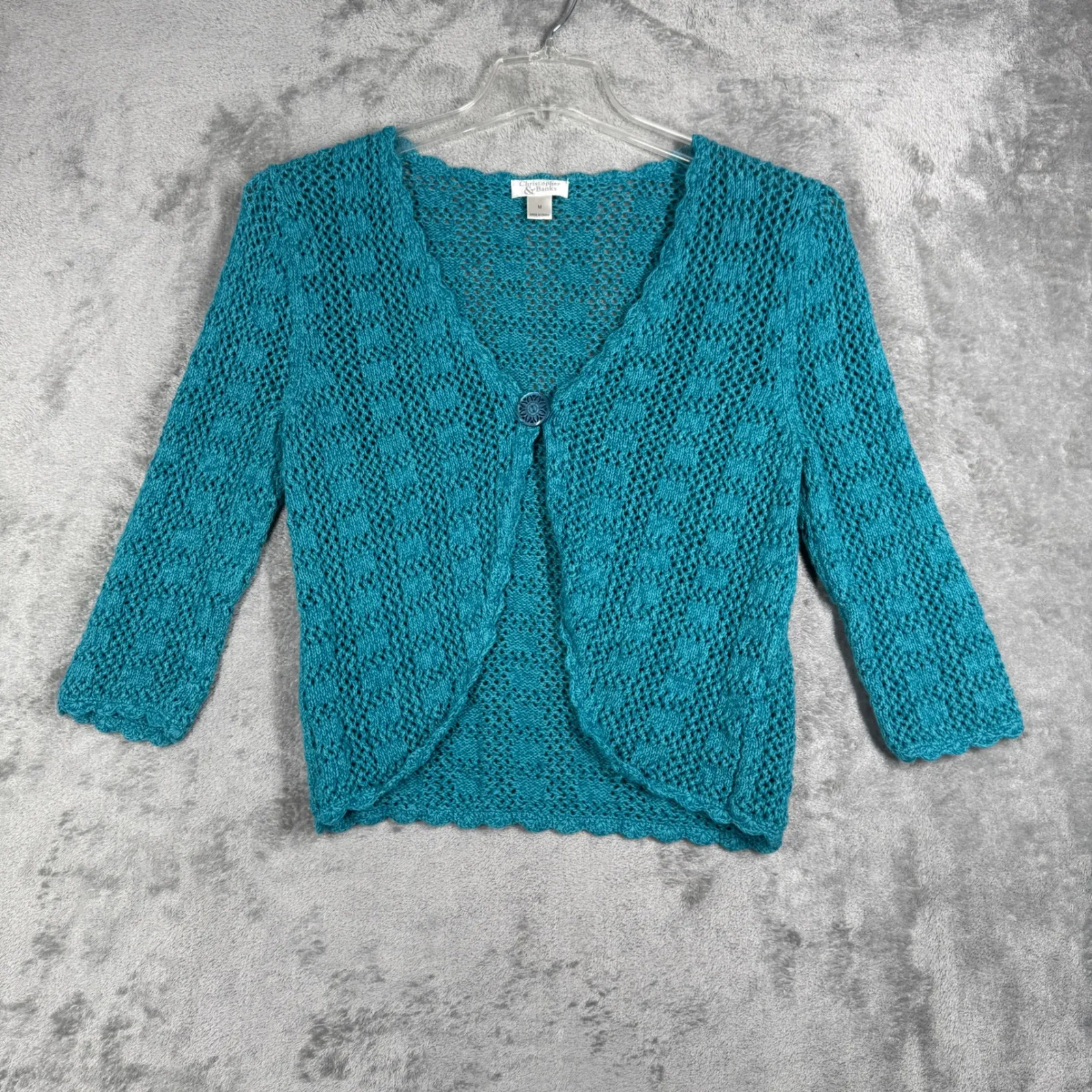 Christopher & Banks Cardigan Teal Crochet Open Front Button Ramie Cotton Women M - Image 2