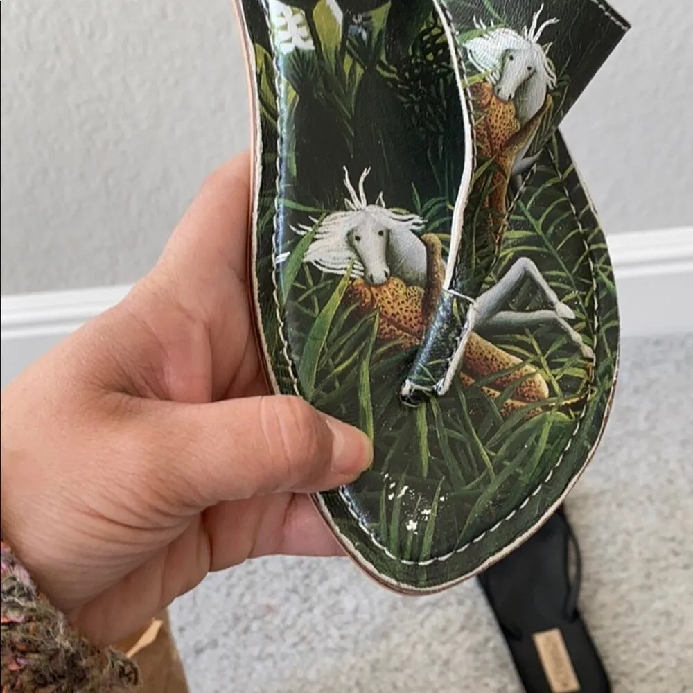 ICON unicorn leopard print thong sandals green leather tropical vacation casual Size 6.5 - Image 8