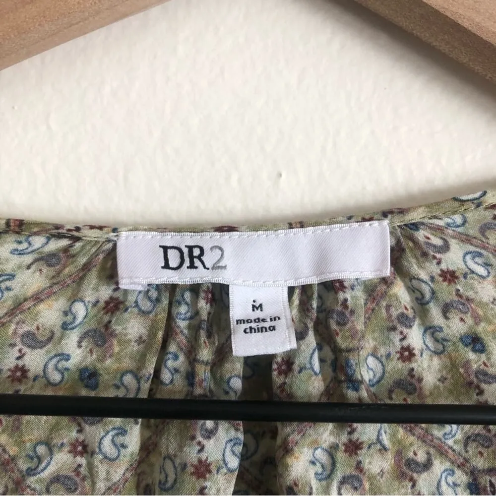 Anthropologie DR2 Green Floral Paisley Half Sleeve Tie Scoop Neck Blouse Top - Image 4