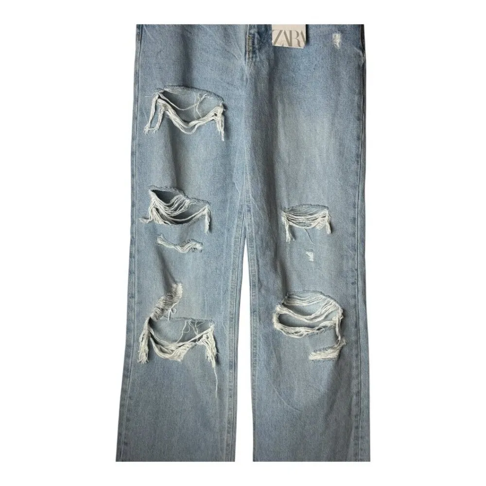 Zara Jeans‎ Women 0 Blue Light Wash Denim Ripped Distressed Wide Leg NWT - Image 6