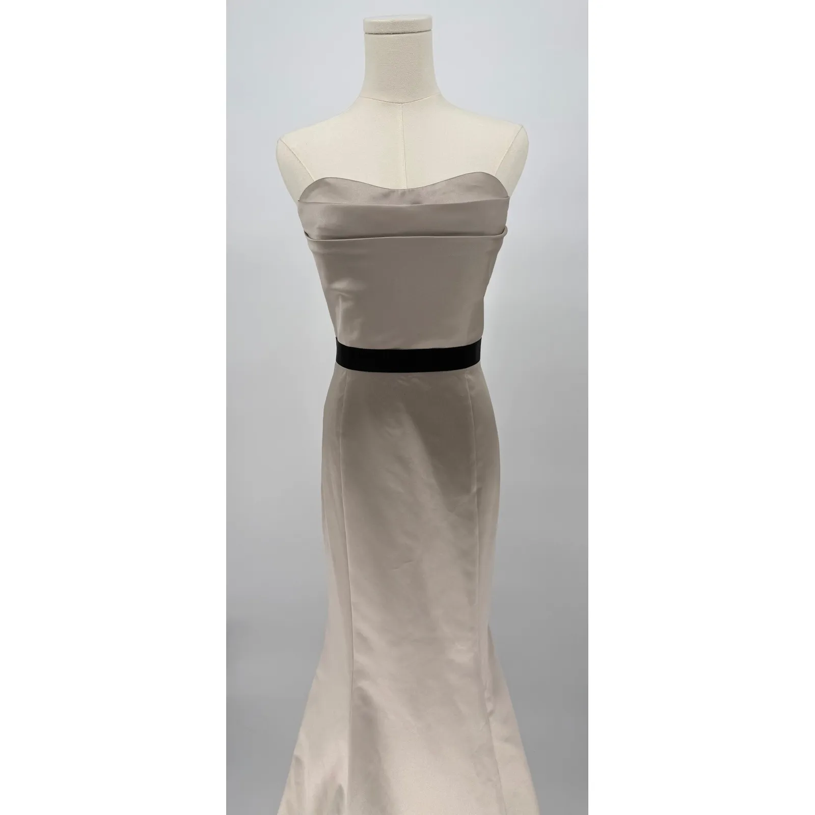 Badgley Mischka Strapless Satin Gown Cashmere‎ with Black Waistband Sz 12 $360 - Image 3