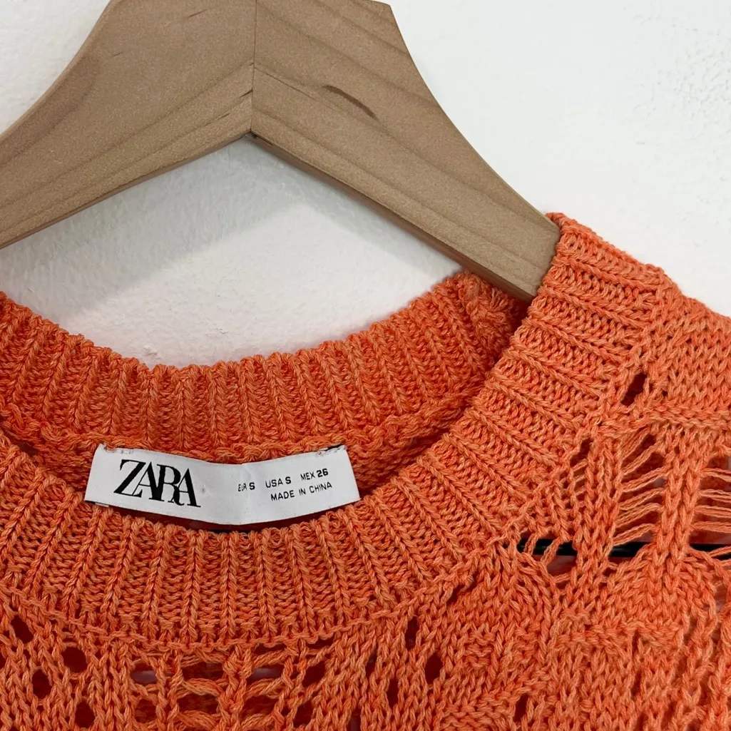 Zara Orange Crochet Fringe Crop Top With Beaded Detail Size Small - Image 4