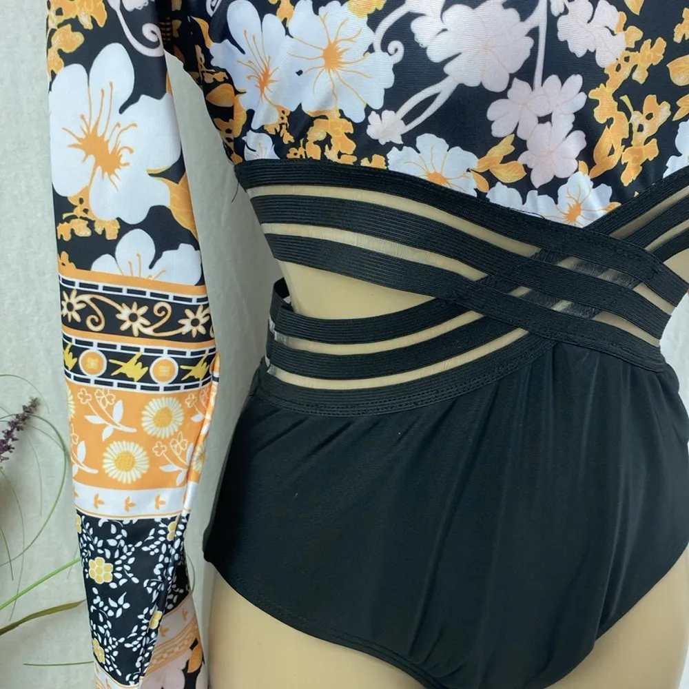 Floral Long Sleeve Black White & Orange Cutout 1 Piece Swim Bathing Suit M Size M - Image 2