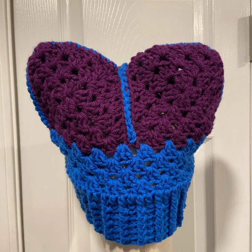 Handmade Crochet Cat Animal Ear Beanie Hat Cozy Ribbed Brim Stretch Winter Hat - Image 2