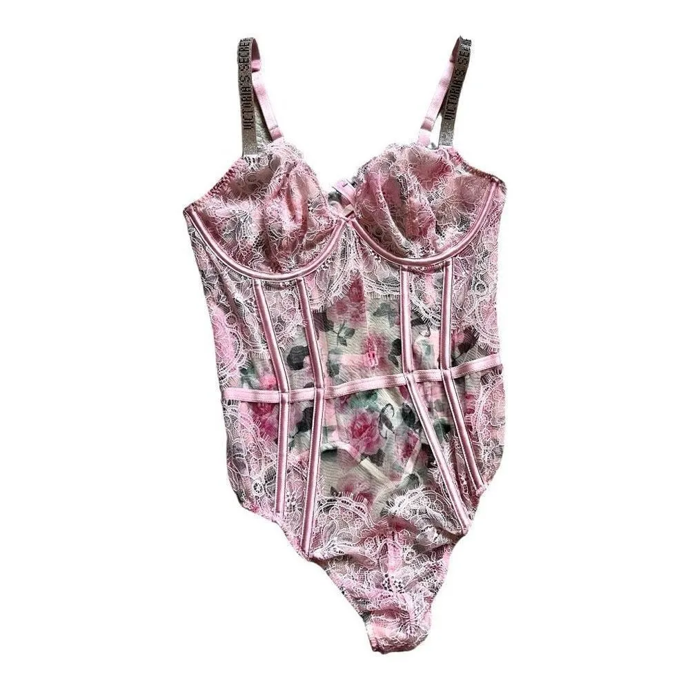 Womens Victorias Secret Call Me Rose Floral Rhinestone Bling Strap Bodysuit Sz L - Image 5