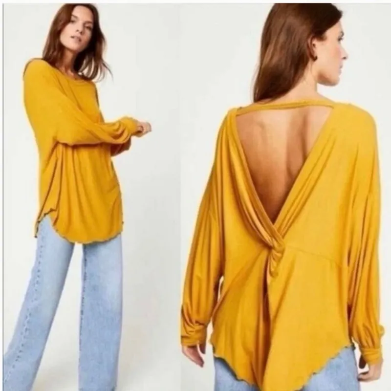 Free People Mustard Yellow Ribbed Open V Back XS Oversize Loose Fit - Image 2