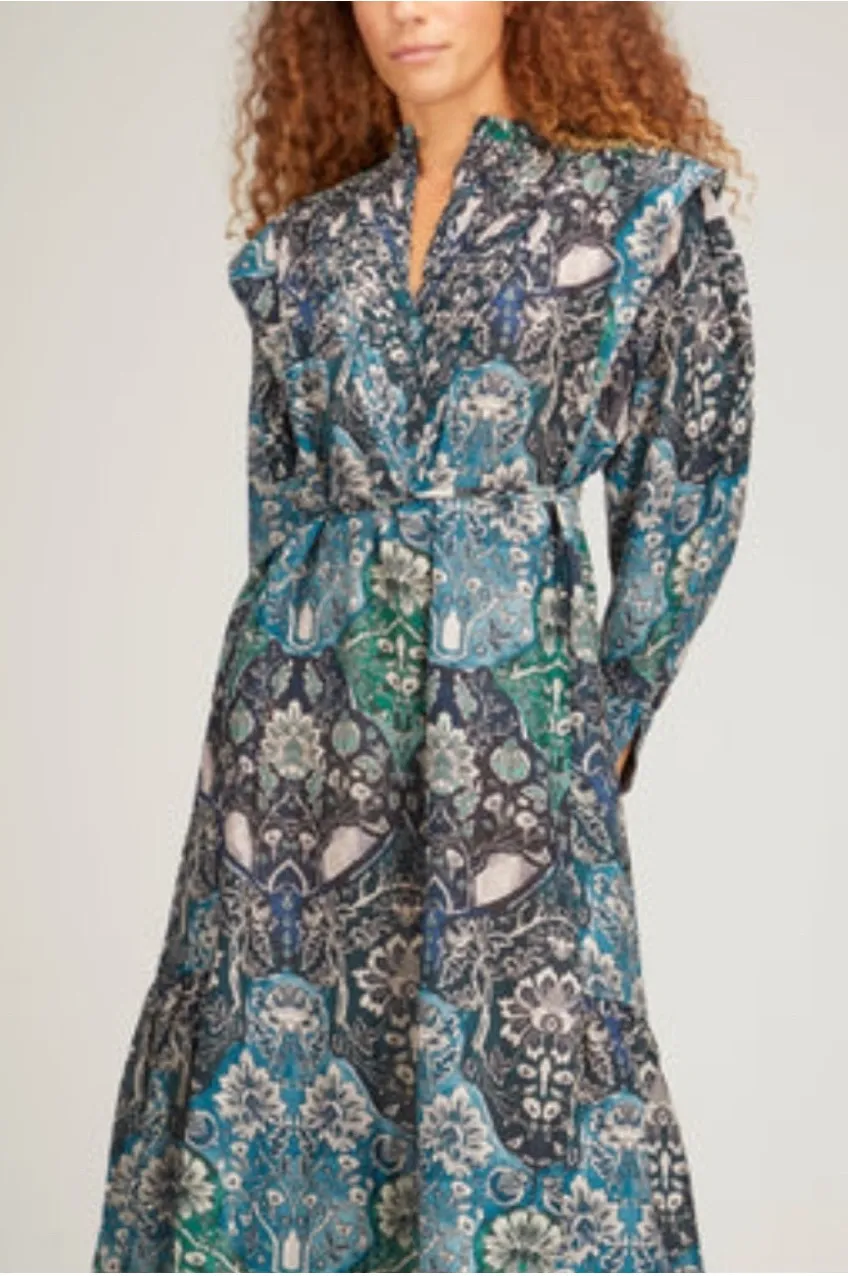 NWT Maria Cher Lugo Franca Maxi Dress Silk Cotton M Printed Pleat Placket Boho Blue Size M - Image 2