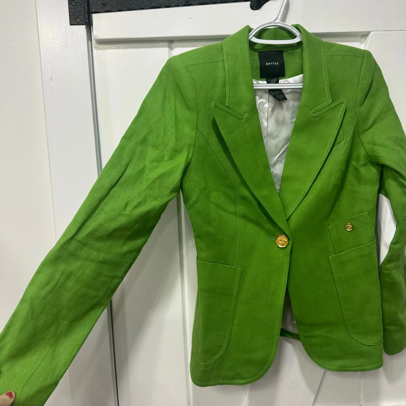 SMYTHE Womens Blazer Jacket 6 Lime Green Linen Leather Elbow Patch Bright Button - Image 2