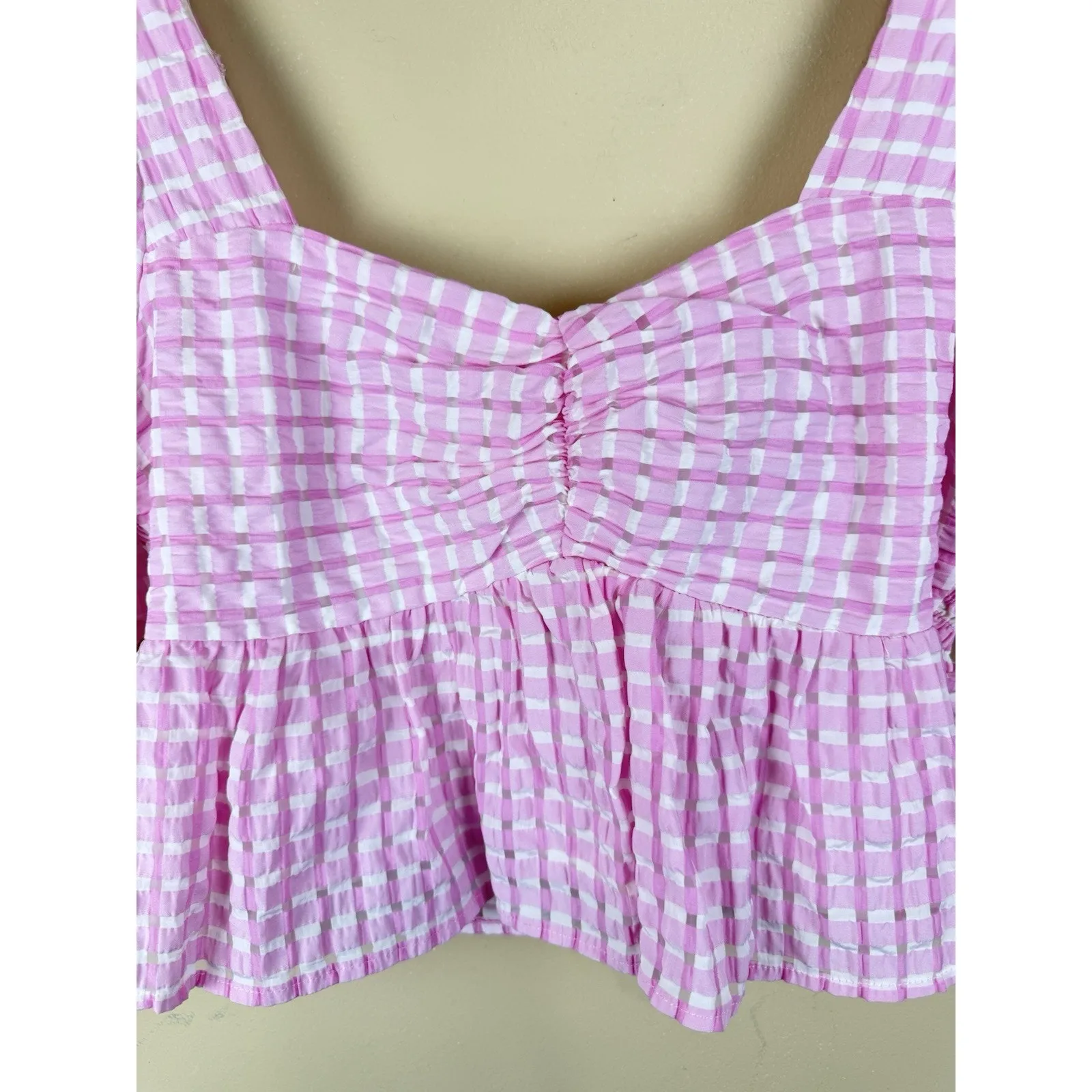 Altar’d State Pink & White Vichy Crop Top with Sweetheart Neck & Puff Sleeves M - Image 2