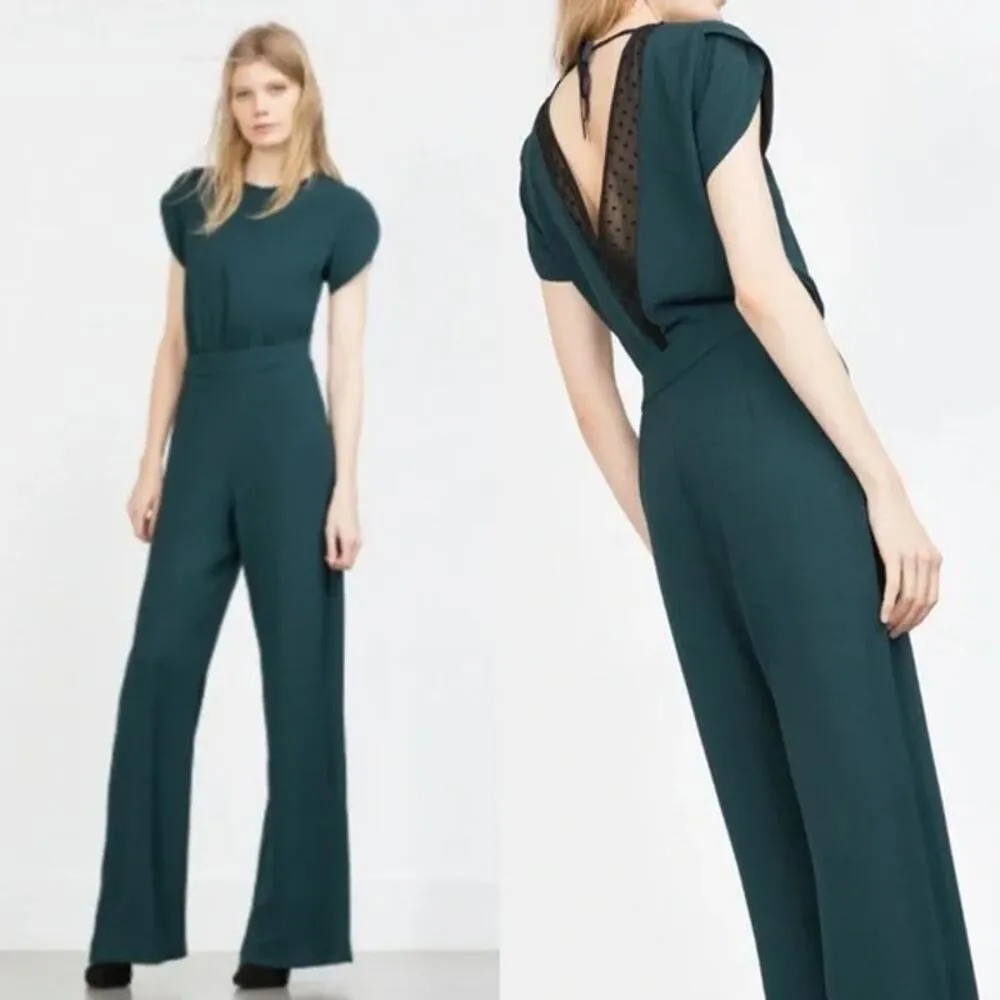 ZARA Lightweight V Neck Tie Back Lace Jumpsuit Pants Cap Sleeves XS Hunter Green - Image 13