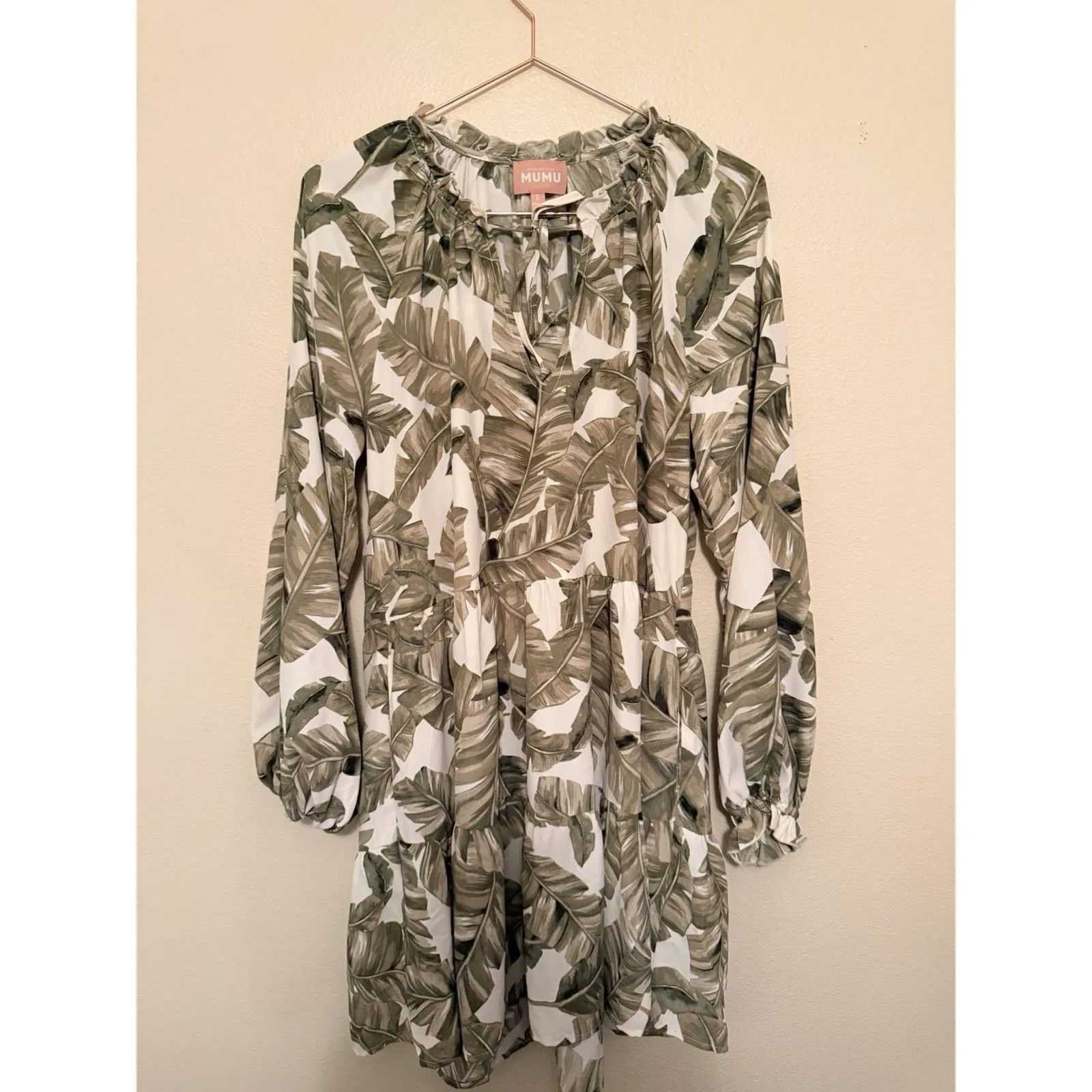 Show Me Your Mumu Birdie Mini Dress Green Palm Leaf Print Size S Long Sleeve - Image 2