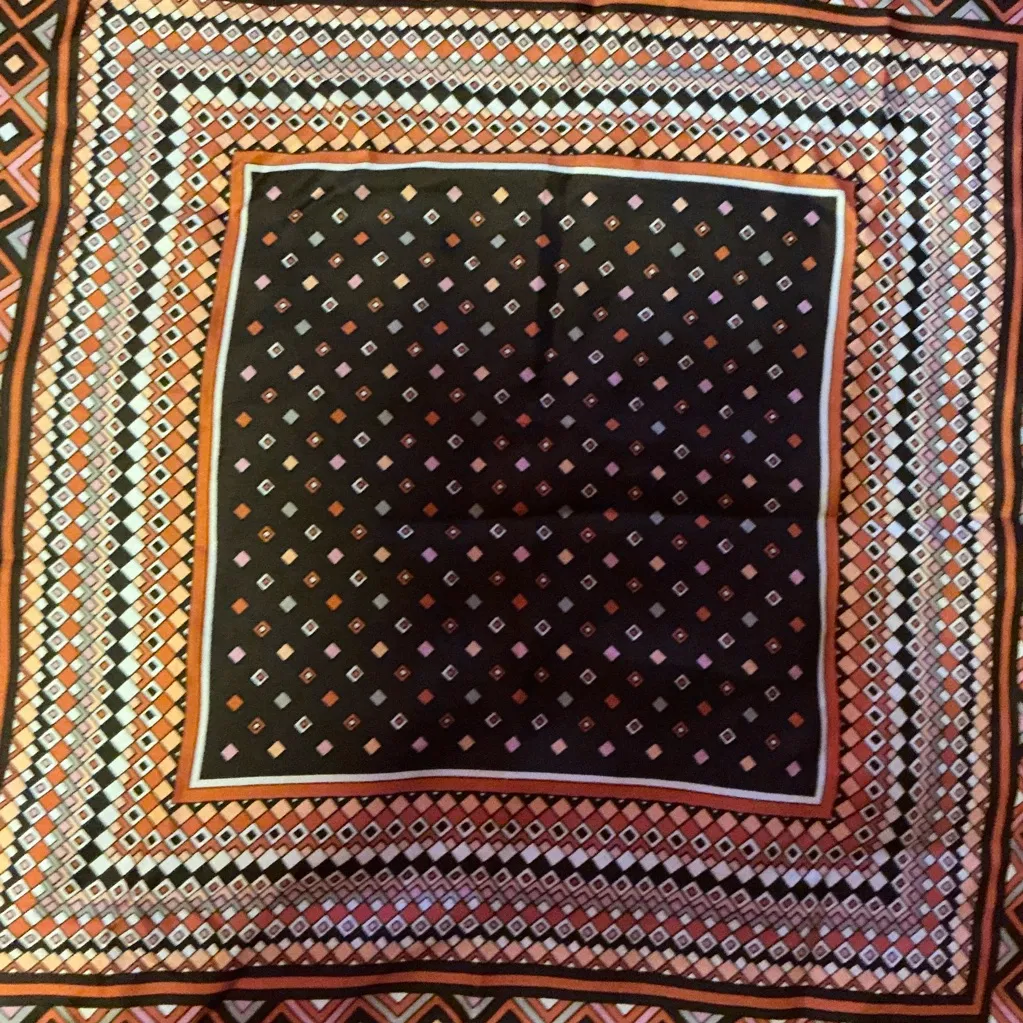 Vintage Echo Silk Scarf Geometric Diamond Print Brown Rust Square - Image 4