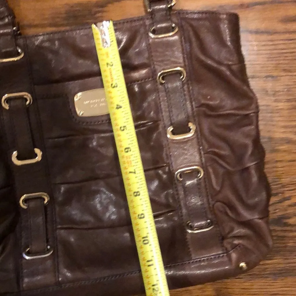 MICHAEL KORS Brown Leather Shoulder Bag Tote W Woven Leather & Gold Accents - Image 3