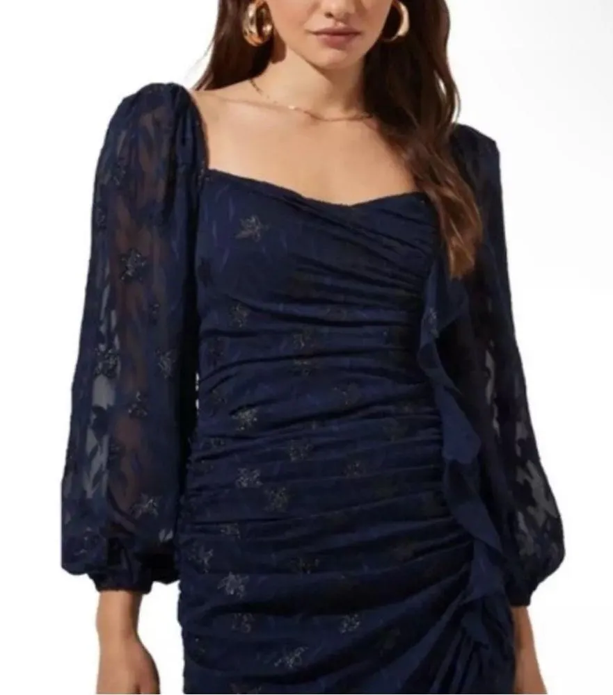 New! ASTR The Label Athens Ruched Ruffle Front
Puff Sleeve Midi Dress Navy Small - Image 3