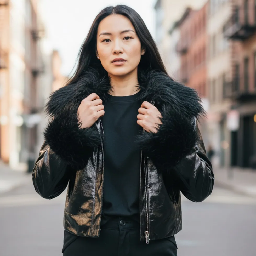 Divided  Black patten Leather cropped Jacket with Faux Fur Trim - Image 3