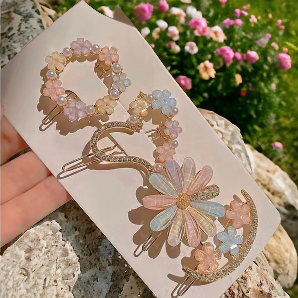 4pcs Flower Rhinestone Hairpins Elegant‎ Chic Hair Clips Zinc Alloy Gold Tone - Image 6