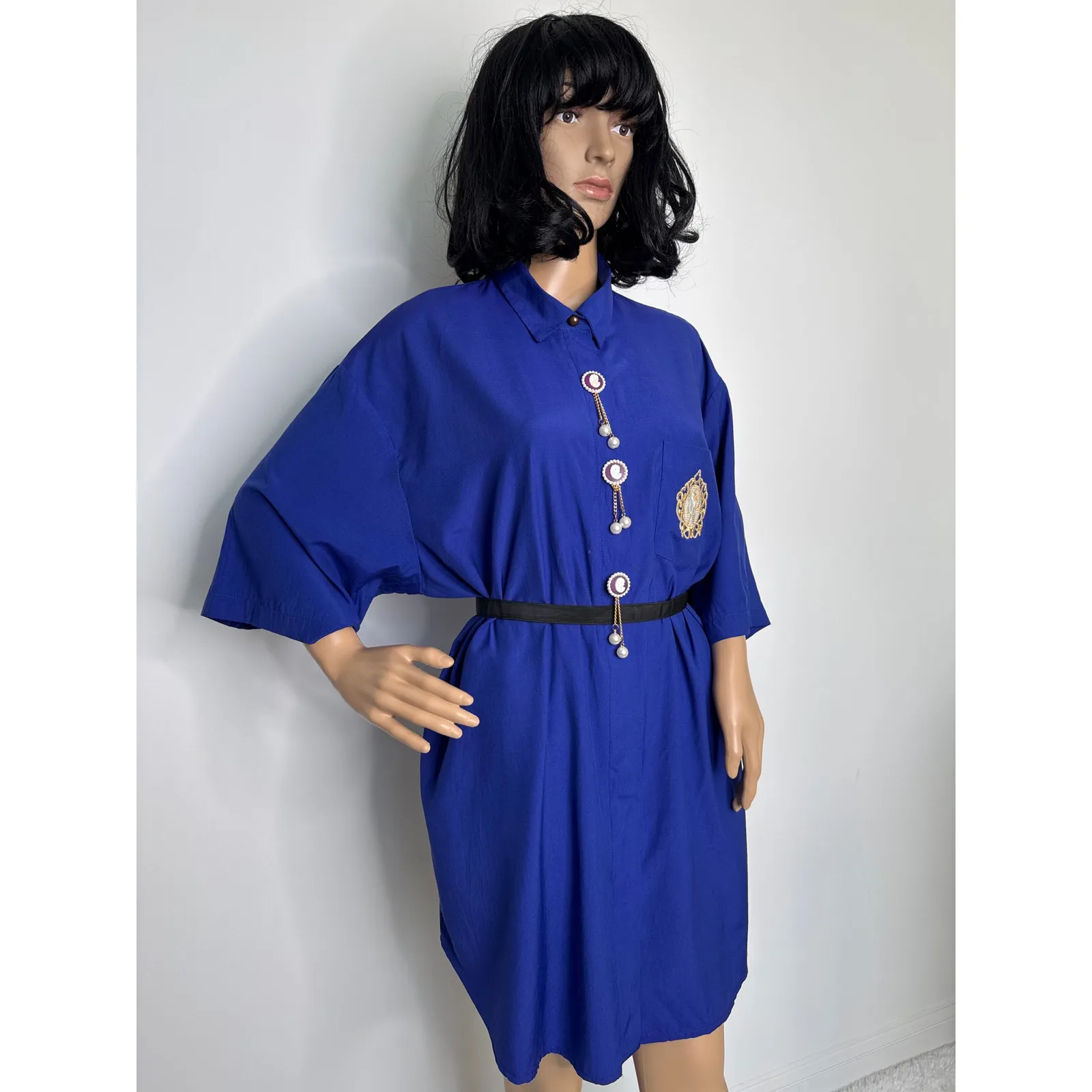 Vintage Gina Royal Blue Cameo Blouse / dress Pearl & Gold Chain Accents Medium - Image 5