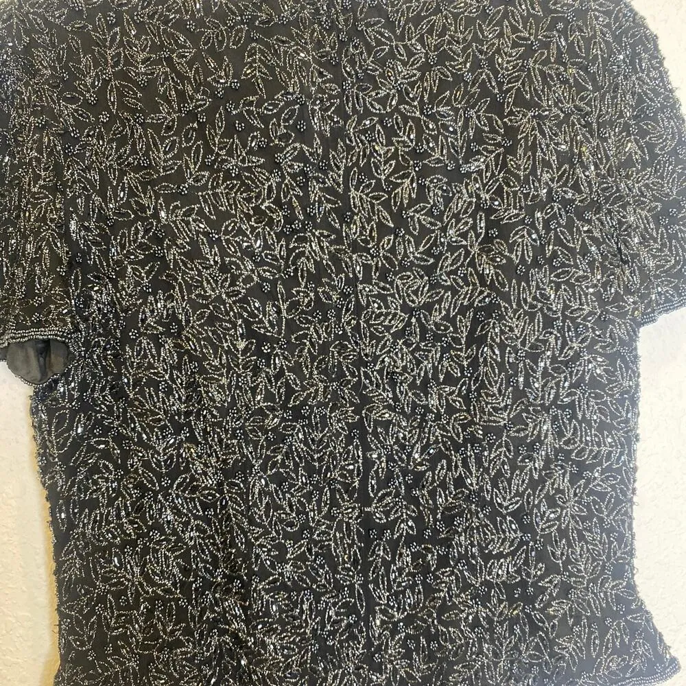 Vintage Papell Boutique Evening Beaded Short Sleeve Blouse Black Silk EUC Sz Sm - Image 10