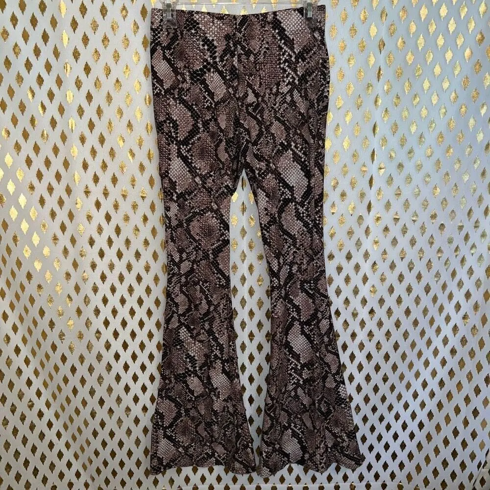 Snakeskin flared leggings nude tan cut out flared bootcut pants size S - Image 6