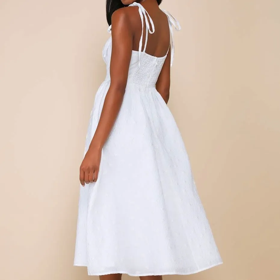 Lulus NWOT Exceedingly Dreamy White Textured Woven Floral Tie-Strap Midi Dress - Image 8