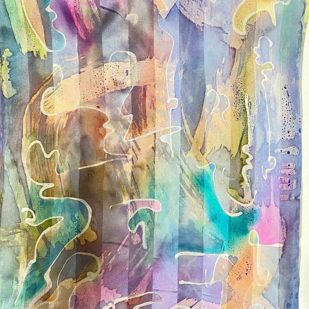 Silk scarf mulitcolor blue pinks abstract rectangular - Image 2