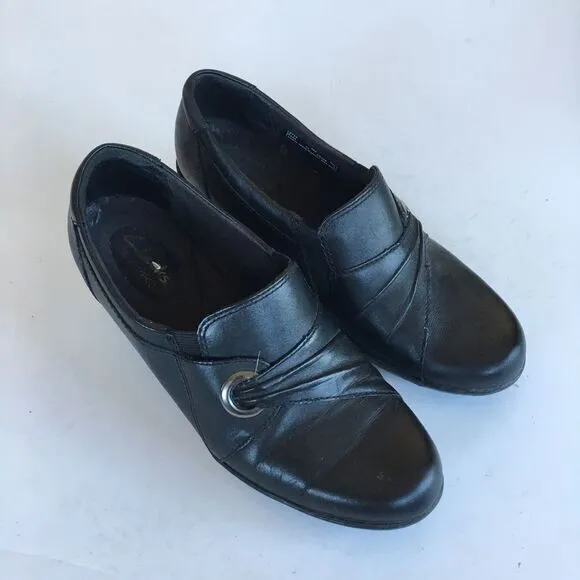 Clarks Black Leather Cloud 2" Heels‎ Womens Size 6M Slip On Shoes - Image 2