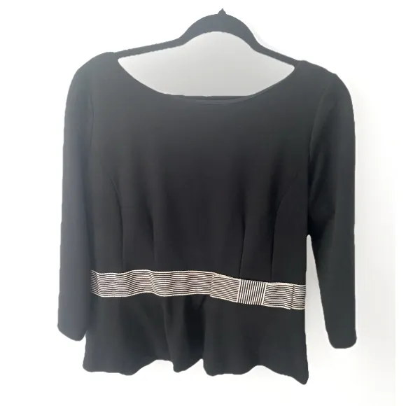 Ann Taylor Peplum Hem Blouse Womens Large Black & White Belted Bow Retro Preppy - Image 2