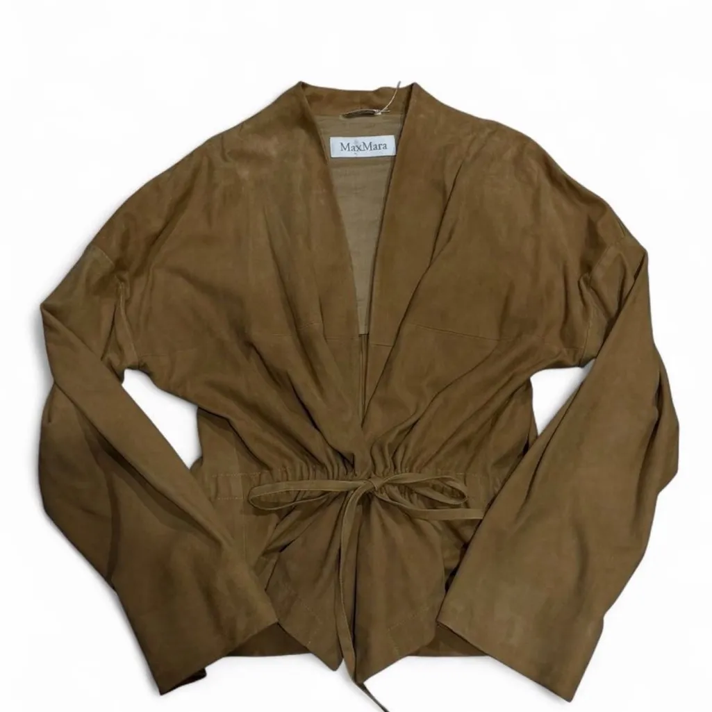 NWOT Max Mara Suede Leather Jacket Silk Lined Brown Tie Waist Italy Size 46 US12 - Image 3