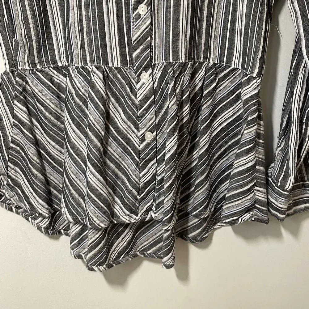 Love Notes Womens Button Up Top Blouse Striped Peplum Long Sleeve‎ Gray Medium - Image 4
