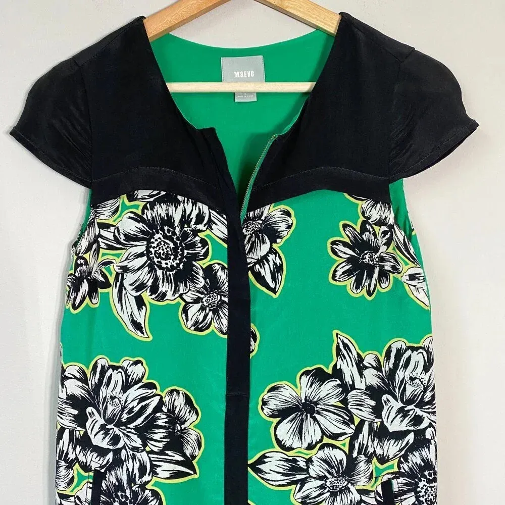 Maeve Anthropologie Women's Sz 0 Cap Sleeve Ayame Silk Floral Shift Dress Green - Image 7