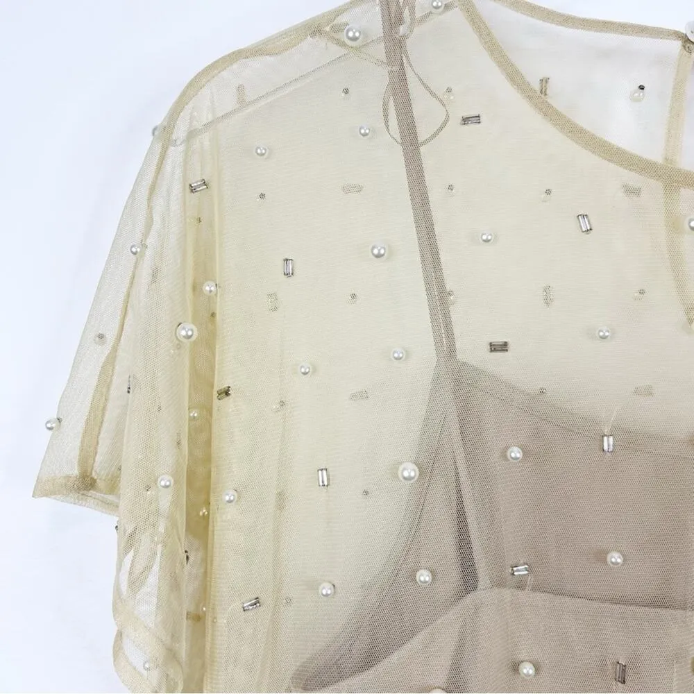 NWT ZARA Mesh Pearl Beaded Midi Dress XS/S Tan - Image 5