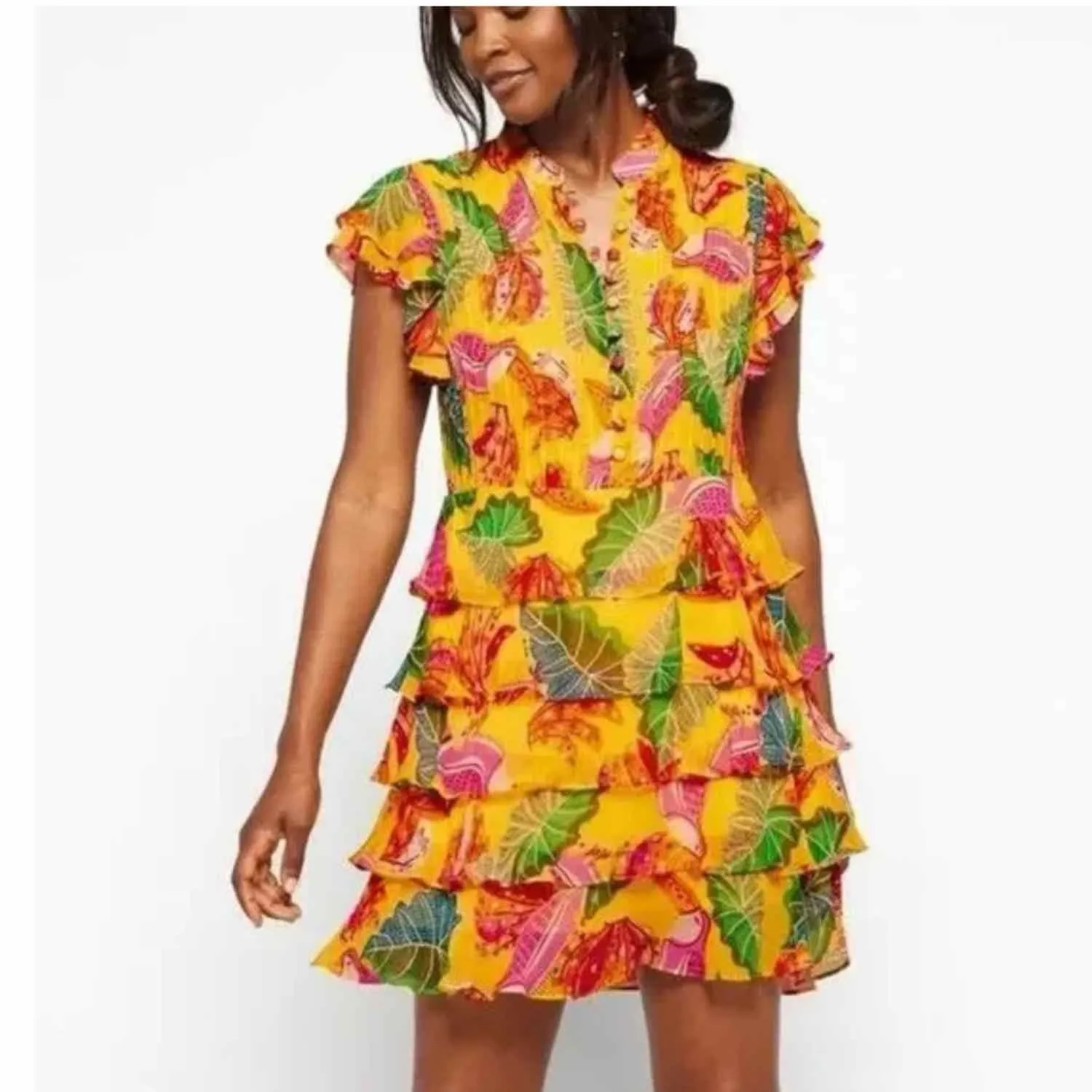 FARM RIO Beaks & Bananas Ruffle Flowy Casual Summer Mini Dress Small - Image 7