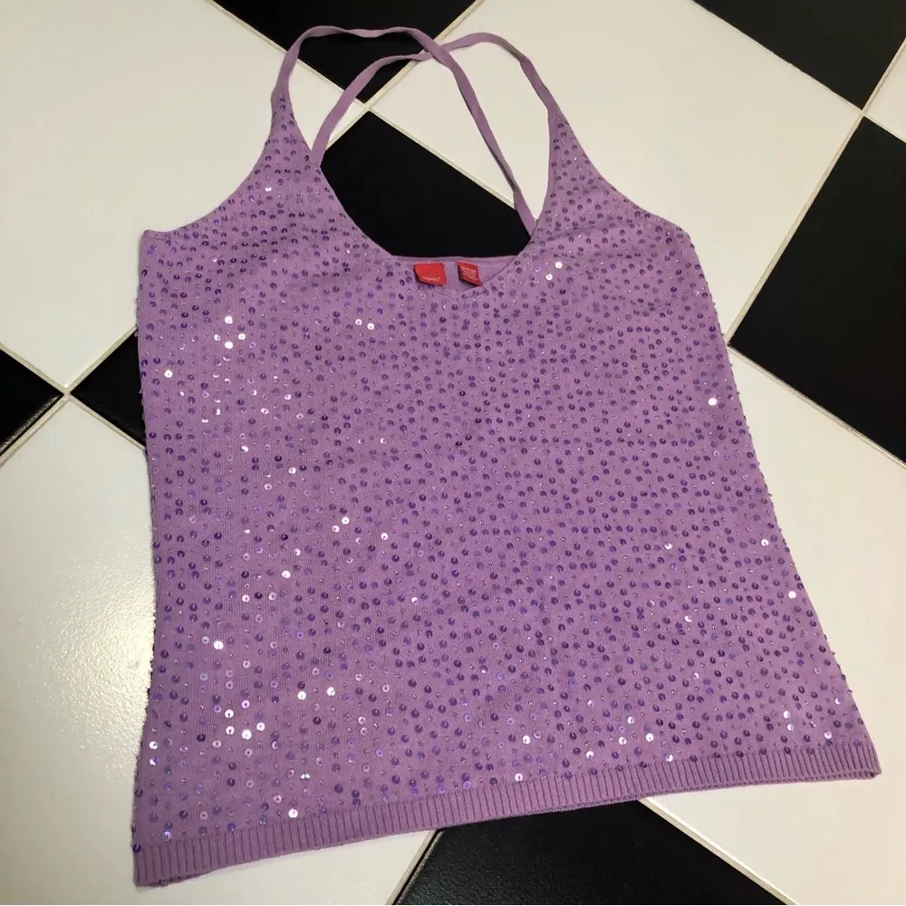 Vintage Y2K  Double Spaghetti Strap Sequin Front Cross Back Purple sz Med - Image 2