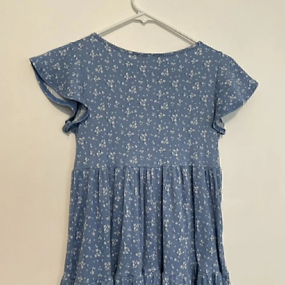 JESSICA SIMPSON Blue White Ditsy Floral Bow Flutter Sleeve Mini Babydoll Dress S - Image 11