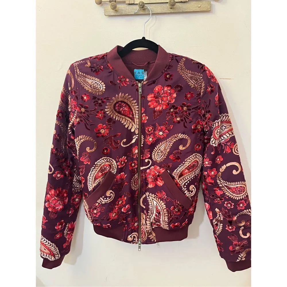 KAS New York Burgundy Velvet Paisley Ashlyn Burnout Bomber Jacket Size XS Purple - Image 3