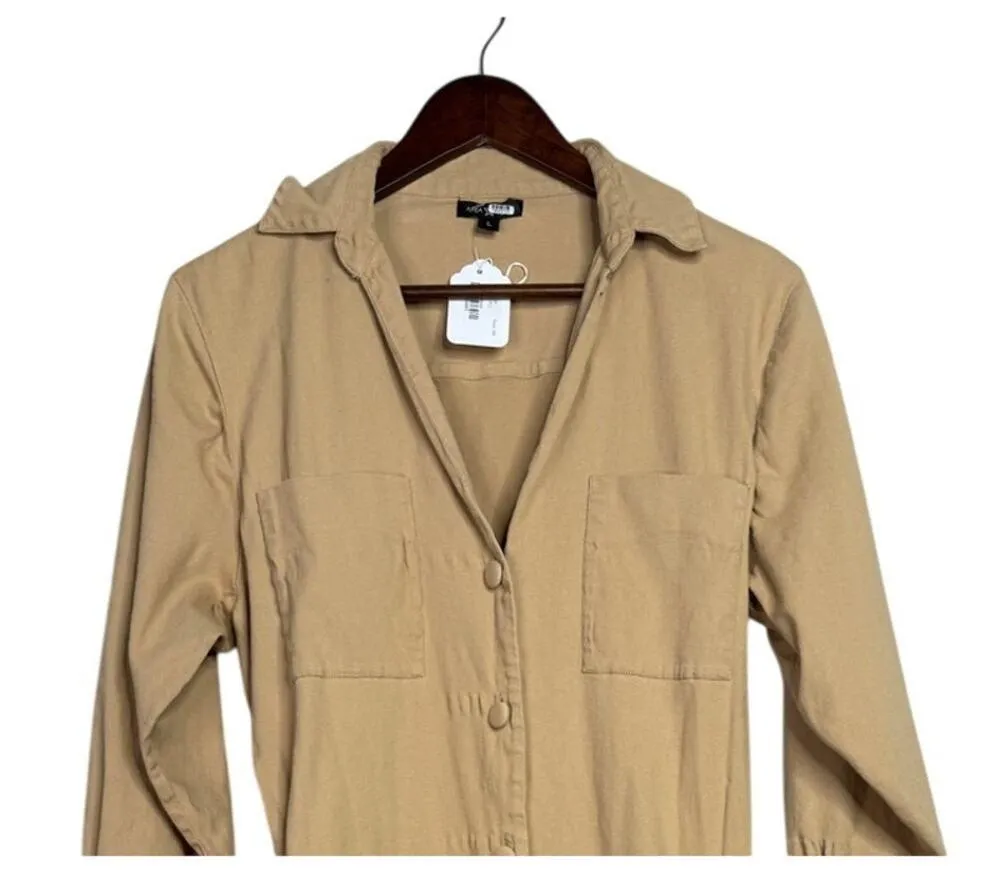 Area Stars Belted Waist Cotton Midi Shirt Dress 3/4 Sleeves Button Down L Tan Size L - Image 3