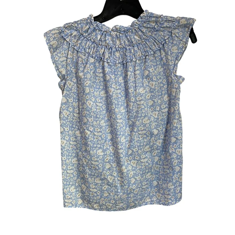 Ann Taylor Blue Bouquet Floral Ruffle Neck Button Down Blouse Size S Petite - Image 2